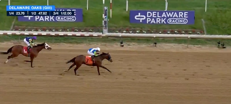 Luv Your Neighbor winning Delaware Oaks.